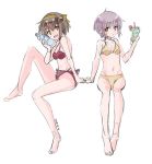  bottle breasts brown_eyes brown_hair closed_mouth commentary_request eyebrows_visible_through_hair full_body looking_at_viewer multiple_girls nagato_yuki nanabuluku open_mouth purple_hair red_swimsuit short_hair simple_background sitting small_breasts smile suzumiya_haruhi suzumiya_haruhi_no_yuuutsu swimsuit white_background yellow_swimsuit 