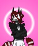  ailurid anthro black_body black_fur bow_accessory clothing fur hair horn maid_uniform male mammal markings pink_background red_eyes red_hair red_panda simple_background solo striped_markings striped_tail stripes tail tail_markings uniform zalivkustsyganili 