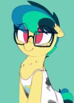  2018 apogee clothed clothing cute equine eyelashes eyewear fan_character feral floppy_ears freckles glasses hair looking_at_viewer mammal my_little_pony pink_eyes portrait shinodage shirt short_hair short_tail simple_background sitting smile solo tank_top teal_background teal_hair young 