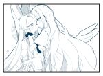 2girls animal_ear_fluff animal_ears blue_archive commentary_request dress greyscale halo kiss long_hair looking_at_another mika_(blue_archive) monochrome multiple_girls one_eye_closed scrunchie seia_(blue_archive) wings wrist_scrunchie yun_(dust-i1) yuri 