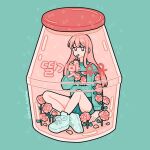  1girl aqua_background aqua_sweater bare_legs blue_shorts bottle commentary crossed_ankles denim denim_shorts drinking drinking_straw emily_kim english_commentary floral_print flower full_body holding holding_bottle in_bottle in_container instagram_username leaf long_hair long_sleeves milk_bottle original pink_eyes pink_flower pink_hair pink_rose rose rose_print shoes shorts simple_background sitting sneakers solo sparkle straight_hair strawberry_milk submerged sweater white_footwear 