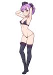  1girl bare_shoulders bikini black_bikini black_bow black_footwear black_hat blush boots bow breasts collarbone fate/grand_order fate_(series) full_body garrison_cap grin hair_bow hat helena_blavatsky_(fate) helena_blavatsky_(swimsuit_archer)_(fate) helena_blavatsky_(swimsuit_archer)_(third_ascension)_(fate) highres looking_at_viewer muta_poo navel purple_eyes purple_hair short_hair short_ponytail small_breasts smile solo swimsuit thigh_boots 