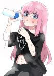  1girl baggy_clothes black_shirt blue_eyes blush bocchi_the_rock! bottle clothes_lift commentary_request cube_hair_ornament dripping gotoh_hitori h14_drawing hair_ornament holding holding_bottle kessoku_band long_bangs long_hair looking_at_viewer navel open_mouth pink_hair shirt shirt_lift side_ponytail simple_background solo steam steaming_body sweat water_bottle white_background 