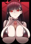  1girl areola_slip arm_strap artist_name bikini black_bikini black_hair black_nails blue_archive blunt_bangs breasts censored choker cleavage earrings frawztfyre hair_ornament hairclip halo highres hime_cut jewelry large_breasts long_hair mosaic_censoring paizuri parted_lips penis red_eyes rio_(blue_archive) solo swimsuit variant_set 