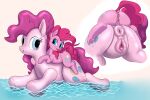  anus blue_eyes equid equine female friendship_is_magic genitals hasbro hi_res horse mammal my_little_pony pinfeather pink_body pink_skin pinkie_pie_(mlp) pony pussy smile spread_legs spreading tongue tongue_out water 
