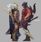  2boys aatrox asymmetrical_arms cape colored_skin dark-skinned_male dark_skin darkin_(league_of_legends) grey_background helmet highres holding holding_sword holding_weapon league_of_legends leg_armor loincloth looking_at_another manly multiple_boys muscular pantheon_(league_of_legends) pelvic_curtain polearm red_skin shield shield_on_back spear sword topless topless_male weapon wings xkov_(cerberuskeeper) 