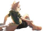 2021 anthro biped black_bottomwear black_clothing black_shorts bottomwear canid canine canis clothing fur green_bottomwear green_clothing green_shorts hi_res itooku looking_at_viewer male mammal shorts sitting sitting_on_ground slim_anthro slim_male solo white_body white_fur wolf