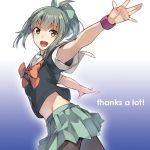  :d bangs blush bow bowtie breasts brown_eyes commentary english eyebrows_visible_through_hair glowing gradient gradient_background green_bow green_hair green_skirt hair_bow hair_ribbon head_tilt kantai_collection konishi_(koconatu) long_hair midriff official_art open_mouth orange_neckwear outstretched_arms pantyhose pleated_skirt ponytail ribbon school_uniform serafuku short_sleeves sidelocks skirt smile solo upper_body wristband yuubari_(kantai_collection) 