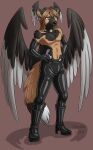 2023 african_wild_dog agender annoyed anthro armwear boots bottomwear brown_hair canid canine clothed clothing cubi_(race) demon elbow_gloves feathered_wings feathers footwear gloves hair hands_on_hips handwear hi_res high_heeled_boots high_heels long_hair mammal mythological_creature mythology nonbinary_(lore) pants project_future simple_background solo standing thekc topless wings zeta_(tapewolf) 