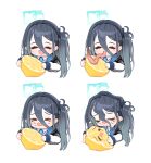  &gt;_&lt; 1girl absurdly_long_hair absurdres aris_(blue_archive) black_hair blue_archive blue_halo blush closed_eyes collared_shirt food fruit halo highres hun2 jacket lemon long_hair long_sleeves long_tongue meme multiple_views one_side_up open_clothes open_jacket open_mouth shirt simple_background smile thour_(meme) tongue tongue_out very_long_hair white_background white_jacket white_shirt 