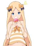  abigail_williams_(fate/grand_order) absurdres bangs bare_arms bare_shoulders black_bow blonde_hair blue_eyes blush bow camisole commentary_request covered_mouth double_scoop eyebrows_visible_through_hair fate/grand_order fate_(series) food forehead groin hair_bow highres holding holding_food ice_cream ice_cream_cone long_hair mitchi navel orange_bow parted_bangs simple_background solo striped striped_camisole upper_body very_long_hair white_background 