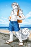  2011 anthro avian backpack ball beach beach_ball bird clothed clothing feline kazat leopard looking_at_viewer male mammal muscular muscular_male seagull seaside snow_leopard solo topless 