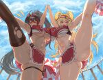  2girls absurdres armpits ass bay_(nikke) black_hair blonde_hair blue_sky breast_press breasts cheerleader clay_(nikke) closed_eyes cloud goddess_of_victory:_nikke highres holding_hands large_breasts leg_up long_hair multicolored_hair multiple_girls navel panties pom_pom_(cheerleading) red_eyes red_hair sky stomach thigh_strap thighhighs thighs torn_clothes torn_thighhighs two-tone_hair underboob underwear voidmakerz white_panties 
