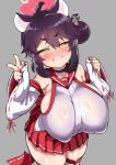  1girl absurdres ahoge animal_ears blue_archive breasts bright_pupils commentary_request covered_nipples detached_sleeves grey_background hair_ornament halo highres huge_breasts japanese_clothes kaede_(blue_archive) looking_at_viewer miko oppai_loli red_halo red_skirt simple_background skirt smile solo thighs v white_pupils white_sleeves yellow_eyes yuki_usagi_(agtd5758) 