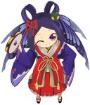  1girl blush butterfly_wings closed_mouth commentary_request full_body hair_ribbon hair_rings head_wings holding holding_instrument insect_wings instrument japanese_clothes kimono kochou_no_sei_(onmyoji) lets0020 long_hair looking_at_viewer okobo one_eye_closed onmyoji parted_bangs pointy_ears purple_eyes purple_hair purple_wings red_ribbon red_skirt ribbon sandals simple_background skirt smile solo standing tambourine white_background white_kimono wide_sleeves wings 