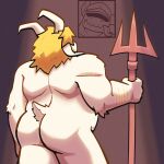  asgore_dreemurr belly big_butt blonde_hair bovid butt caprine fur goat goat_tail hair hi_res horn long_ears male male/male mammal melee_weapon monsterfurryr34 muscular muscular_arms polearm rear_view short_tail simple_background solo spear tail undertale undertale_(series) weapon white_body white_fur 