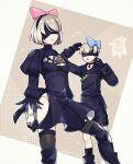  1boy 1girl 2b_(nier:automata) 9s_(nier:automata) blindfold blue_bow boots bow breasts commentary_request covered_eyes dress hair_bow jacket leotard leotard_under_clothes machine_(nier) malt_40 nier:automata nier_(series) pink_bow shorts small_breasts 