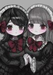  2girls :3 bad_id bad_twitter_id black_dress black_eyes black_hair bow bowtie breasts closed_mouth commission cross-shaped_pupils dress frilled_dress frilled_hairband frills grey_background grey_hair hair_bow hairband heterochromia highres holding_hands image_sample long_hair long_sleeves looking_at_viewer multiple_girls original puffy_sleeves red_bow red_bowtie red_eyes shiona_(siona0625) small_breasts symbol-shaped_pupils twitter_sample upper_body watermark white_hairband 