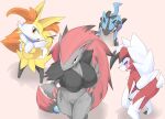  4girls all_fours animal_ear_fluff blue_eyes braixen branch breasts commentary_request fox_girl full_body furry furry_female hands_on_own_hips highres large_breasts lets0020 long_hair looking_at_viewer lucario lycanroc multiple_girls open_mouth orange_eyes pink_eyes pokemon pokemon_(creature) red_eyes simple_background standing wolf_girl zoroark 