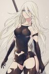  1girl a2_(nier:automata) armlet bare_shoulders black_gloves black_shorts black_tank_top black_thighhighs blue_eyes breasts elbow_gloves gloves hair_between_eyes highres holding holding_weapon joints long_hair malt_40 mole mole_under_mouth nier:automata nier_(series) robot_joints shorts solo sword tank_top thighhighs very_long_hair weapon white_hair 