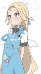  1girl apron arms_behind_back blonde_hair blue_apron blue_archive blue_ribbon blush bow closed_mouth clothes_writing collared_shirt commentary_request flying_sweatdrops forehead grey_bow hair_ribbon halo highres kapuru_0410 long_hair low_wings mini_wings parted_bangs ribbon shirt simple_background solo sora_(blue_archive) striped_bow sweat very_long_hair wavy_mouth white_background white_shirt white_wings wings 