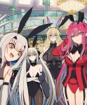  4girls :d absurdres animal_ears baobhan_sith_(fate) bare_shoulders barghest_(fate) black_bow black_leotard black_pantyhose blonde_hair blue_eyes blush bow breasts casino cleavage detached_sleeves earrings fake_animal_ears fang fate/grand_order fate_(series) fur_trim green_eyes grey_eyes hair_ribbon hand_on_own_head hand_up heterochromia highres indoors jewelry large_breasts leotard long_hair longdq3008 looking_at_viewer medium_breasts melusine_(fate) morgan_le_fay_(fate) multiple_girls open_mouth pantyhose pink_hair playboy_bunny pointy_ears ponytail rabbit_ears red_eyes red_leotard ribbon sidelocks smile twintails white_hair yellow_eyes 