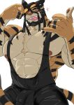  +++ 1boy abs absol_(dkqthf) animal_ears bandaged_hand bandages bara bare_pectorals beard black_hair black_singlet cat_mask chest_tuft covered_penis cowboy_shot dream_tiger_(govy9807) english_commentary facial_hair fangs fingernails full_beard furry furry_male glint huge_pectorals looking_at_viewer male_focus mask multicolored_fur muscular muscular_male navel nipples one_eye_closed orange_fur original pawpads pectorals piercing removing_mask shaka_sign sharp_fingernails short_hair simple_background solo tail tiger_boy tiger_ears tiger_stripes tiger_tail tongue tongue_out tongue_piercing v-taper variant_set whiskers white_background 