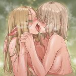  2024 areola blonde_hair bodily_fluids breasts duo elf eyes_closed female female/female french_kissing green_eyes hair hand_holding hug human human_on_humanoid humanoid humanoid_pointy_ears interspecies kissing koyatofu3 mammal nipples not_furry nude sweat tongue tongue_out water wet 