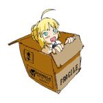  1girl ahoge artoria_pendragon_(fate) blonde_hair blush_stickers box braid braided_bun cardboard_box commentary drooling english_text fate/stay_night fate_(series) green_eyes hair_bun hashtag-only_commentary in_box in_container open_mouth pantsu-ripper pixel_art saber_(fate) single_hair_bun smile solo 
