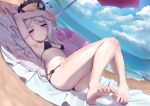  1girl ahoge bare_shoulders barefoot beach bikini blue_archive blush breasts carbon12th forehead halo hina_(blue_archive) horns long_hair looking_at_viewer lying multiple_horns on_back parted_bangs purple_eyes small_breasts solo swimsuit white_hair 