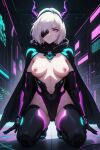  ai-generated breasts cape cyberpunk detached_sleeves gloves horns indie_virtual_youtuber kneeling medium_breasts motherv3 nipples non-web_source science_fiction thigh_gap thighhighs torn_clothes virtual_youtuber white_hair 