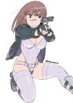  1girl artist_name breasts brown_hair cleavage commentary_request cosplay covered_navel fingerless_gloves frown ghost_in_the_shell ghost_in_the_shell_stand_alone_complex gloves groin_tendon highleg highleg_leotard highres holding jacket kiruko_(tengoku_daimakyou) kusanagi_motoko kusanagi_motoko_(cosplay) leather leather_jacket leotard long_hair looking_at_viewer medium_breasts on_one_knee simisimimountain simple_background solo tengoku_daimakyou thighhighs white_background 