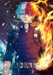 1boy aqua_eyes belt blue_jacket boku_no_hero_academia brown_eyes cowboy_shot expressionless fire grey_belt heterochromia ice jacket looking_at_viewer male_focus multicolored_hair parted_lips red_hair shed1228 solo split-color_hair standing teeth todoroki_shouto two-tone_hair white_hair 