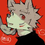  1:1 2024 anthro biped black_clothing black_shirt black_topwear blue_eyes canid canine canis clothing duo fur heterochromia hi_res itooku itooku_(character) looking_at_viewer male mammal red_background red_eyes shirt simple_background slim_anthro slim_male solo_focus topwear white_body white_fur wolf 