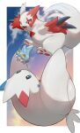  absurdres bergmite body_fur brown_fur closed_eyes colored_sclera colored_skin highres midair no_humans nullma pokemon pokemon_(creature) red_sclera sunset togekiss two-tone_fur white_fur white_skin white_wings wings zangoose 
