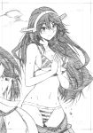  absurdres bikini blush breasts cowboy_shot greyscale hands_together haruna_(kantai_collection) headgear highres kantai_collection kojima_takeshi long_hair looking_at_viewer medium_breasts monochrome navel smile solo striped striped_bikini swimsuit traditional_media 