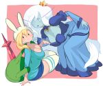  adventure_time animal_ears animal_hood assisted_exposure backpack bag blonde_hair blue_dress blue_skin blue_skirt blush breasts bunny_ears cleavage crown dress eyebrows fionna_the_human_girl gashi-gashi genderswap genderswap_(mtf) hand_on_own_ass hood ice_queen juliet_sleeves large_breasts long_hair long_sleeves looking_at_viewer multiple_girls pink_background puffy_sleeves pulled_by_another skirt sword thighhighs very_long_hair weapon white_background white_hair wide_sleeves zettai_ryouiki 