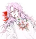  1boy blood blood_from_mouth blood_on_clothes chromatic_aberration commentary_request flower hatsutori_hajime korean_commentary long_sleeves male_focus nyong_51 parted_bangs pink_hair red_eyes rose saibou_shinkyoku simple_background sketch solo upper_body white_background white_flower white_rose 