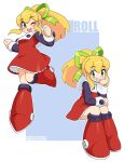  1girl absurdres blonde_hair blue_background boots border bow character_name dress foot_up frilled_skirt frills green_eyes grin hair_bow hand_on_own_chin highres invisible_chair long_hair long_sleeves looking_at_viewer mega_man_(classic) mega_man_(series) mega_man_8 nico-neko one_eye_closed open_mouth ponytail red_dress roll_(mega_man) sidelocks sitting skirt smile white_border 