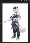 2021 anthro biped blue_eyes canid canine canis digital_media_(artwork) fur gun heterochromia hi_res holding_gun holding_object holding_ranged_weapon holding_weapon itooku itooku_(character) looking_at_viewer male mammal procreate_(artwork) procreate_(copyright) ranged_weapon red_eyes slim_anthro slim_male solo weapon white_body white_fur wolf