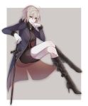  absurdres ahoge black_dress black_footwear boots breasts crossed_legs dress eyebrows_visible_through_hair fate/grand_order fate_(series) full_body grey_background hair_between_eyes hands_on_hilt high_heel_boots high_heels highres idass_(1155101099) invisible_chair jeanne_d'arc_(alter)_(fate) jeanne_d'arc_(fate)_(all) knee_boots large_breasts parted_lips short_dress short_hair silver_hair sitting smile solo sword weapon yellow_eyes 