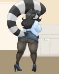  anthro big_breasts big_butt blackbetty bottomwear breasts butt clothed clothing female footwear franciene_(tango&#039;s_family) fur hair hi_res high_heels legwear looking_at_viewer looking_back mammal office panties pantyhose procyonid raccoon skirt solo tail thick_thighs topwear underwear 
