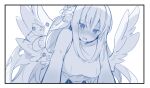  1girl animal_ear_fluff animal_ears blue_archive blush breasts commentary_request dress greyscale hair_bun halo long_hair looking_down medium_breasts mika_(blue_archive) monochrome open_mouth single_hair_bun solo wings yun_(dust-i1) 
