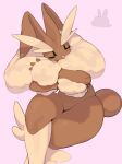  2024 3_fingers ambiguous_gender anthro blush brown_body brown_fur eyes_closed fingers fluffy_ears fur generation_4_pokemon hi_res kame_3 knee_tuft leg_tuft long_ears lopunny nintendo nude pink_background pokemon pokemon_(species) simple_background sleeping solo tail tuft 