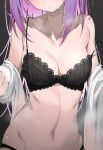  1girl absurdres black_bra black_panties bra breasts cleavage head_out_of_frame highres hololive lace-trimmed_bra lace_trim long_hair medium_breasts navel osechi_(pixiv56606477) panties purple_hair shirt simple_background standing stomach strap_slip sweat tokoyami_towa underwear undressing virtual_youtuber white_shirt 