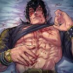  1boy abs bara bare_pectorals black_hair blood_on_pectorals character_request clothes_lift cuts from_above highres injury j4hn large_pectorals licking_lips lifting_own_clothes looking_at_viewer lying male_focus mature_male muscular muscular_male navel nipples on_back pectorals shirt_lift solo stomach sweat thick_eyebrows tongue tongue_out tsurime upper_body veiny_pectorals 