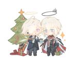  2boys ahoge arknights bieshi black_pants blonde_hair blue_eyes blue_jacket blue_necktie blush brown_footwear candy candy_cane cape chibi christmas_ornaments christmas_tree commentary cup earpiece enforcer_(arknights) english_commentary executor_(arknights) executor_the_ex_foedere_(arknights) food full_body gift giving grey_pants gun hair_over_one_eye halo highres holding holding_cup holding_gun holding_weapon jacket looking_at_another looking_at_viewer male_focus multiple_boys necktie open_mouth pants purple_eyes red_scarf scarf short_hair simple_background smile sparkle weapon white_background white_cape wings 