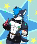 akat/starfox beverage blue_hair butler cake canid canine canis dessert ear_piercing fluffy fluffy_tail food hair happy harness hi_res humanoid male mammal name_tag navel navel_piercing neon_nipples nipple_piercing nipples piercing serving_tray solo star tail wolf