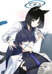  1boy 1girl absurdres animal animal_ears bakaking black_eyes black_hair black_sailor_collar black_shirt blue_archive blue_necktie cat&#039;s_cradle cat_ears cat_tail closed_mouth collared_shirt highres kikyou_(blue_archive) long_sleeves multiple_tails necktie sailor_collar school_uniform seal_(animal) sensei_(blue_archive) serafuku shirt short_hair simple_background tail two_tails white_background 