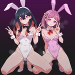 2girls :o animal_ear_hairband animal_ears bare_legs bare_shoulders black_background black_bow black_bowtie black_hair blunt_bangs bow bowtie breasts brown_hair carmine_(pokemon) cleavage collar collarbone colored_inner_hair crossed_bangs crotch_seam detached_collar double_v fake_animal_ears gradient_background hair_between_eyes hair_ornament hairband hairclip high_heels highres kamidan lacey_(pokemon) leotard long_hair looking_at_viewer medium_breasts mole mole_under_eye multicolored_hair multiple_girls neck_ribbon pink_footwear pink_hair pink_hairband pink_leotard playboy_bunny pokemon pokemon_sv purple_background purple_eyes rabbit_ear_hairband rabbit_ears red_ribbon ribbon shoes short_hair squatting strapless strapless_leotard thighs two-tone_hair v white_collar white_footwear white_hairband white_leotard wrist_cuffs 